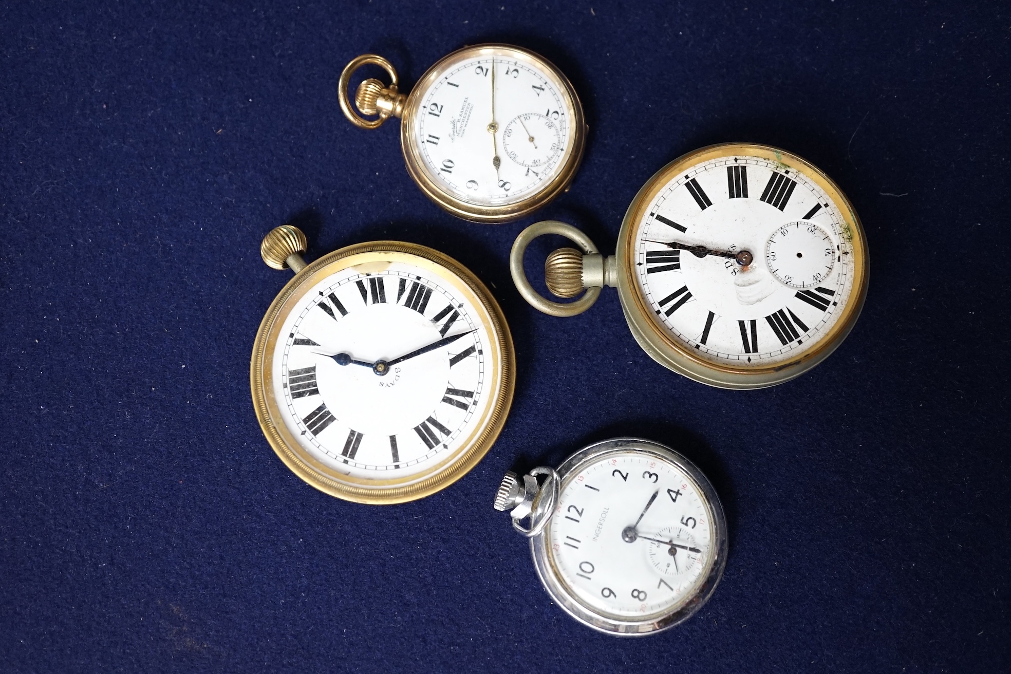 A collection of nine assorted pocket watches including a silver open face watch and a gold plated watch by Samuel. Condition - poor